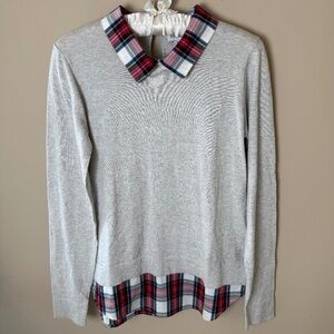 NWT J.Crew Factory Plaid Woven Collar Sweater Womens XS Extra Small Gray AS307